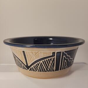 Krause Vintage Pottery Bowl Clay Geometric 1987 Handmade Blue Interior